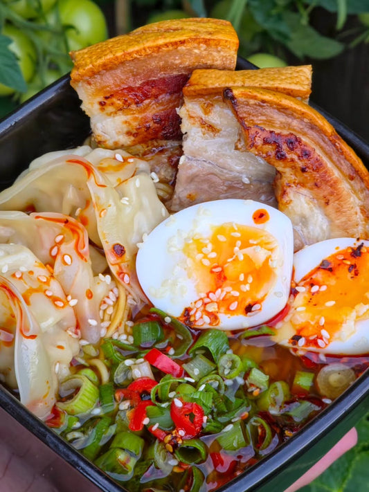 Ramen with Crispy Pork Belly, Gyoza & Yo Po Chilli
