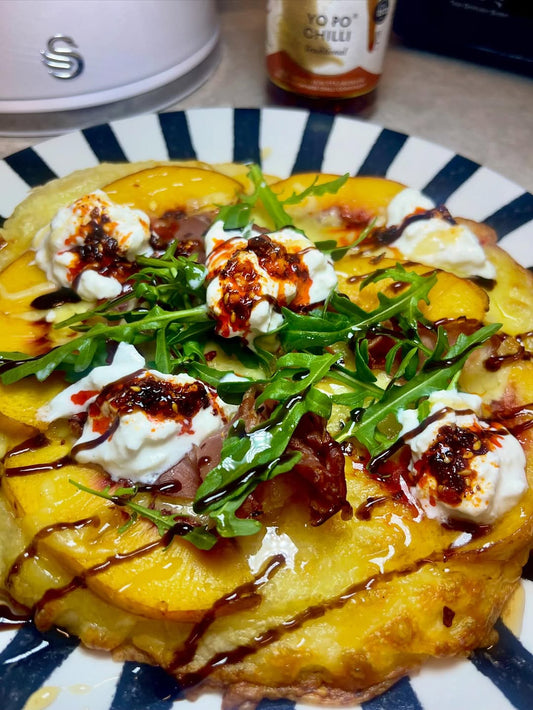 homemade peach and prosciutto pizza with yo po chilli