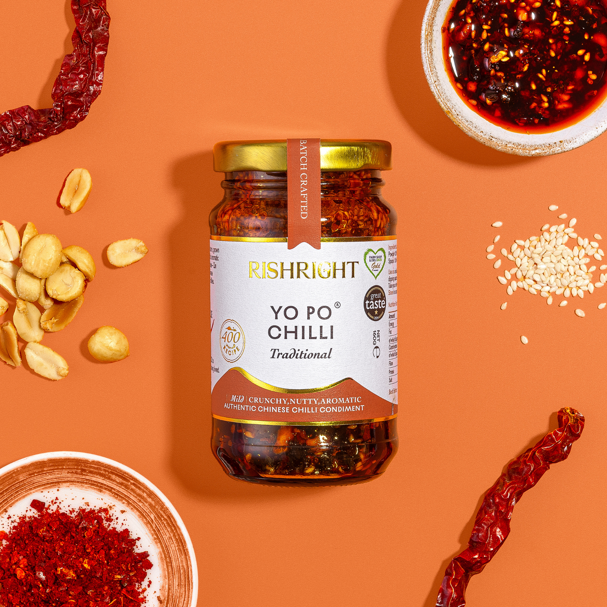 RishRight Yo Po Chilli jar with raw ingredients – peanuts, sesame, and chilli powder, perfect for drizzling over noodles, pasta, Ramen, Stir-Fries, Eggs