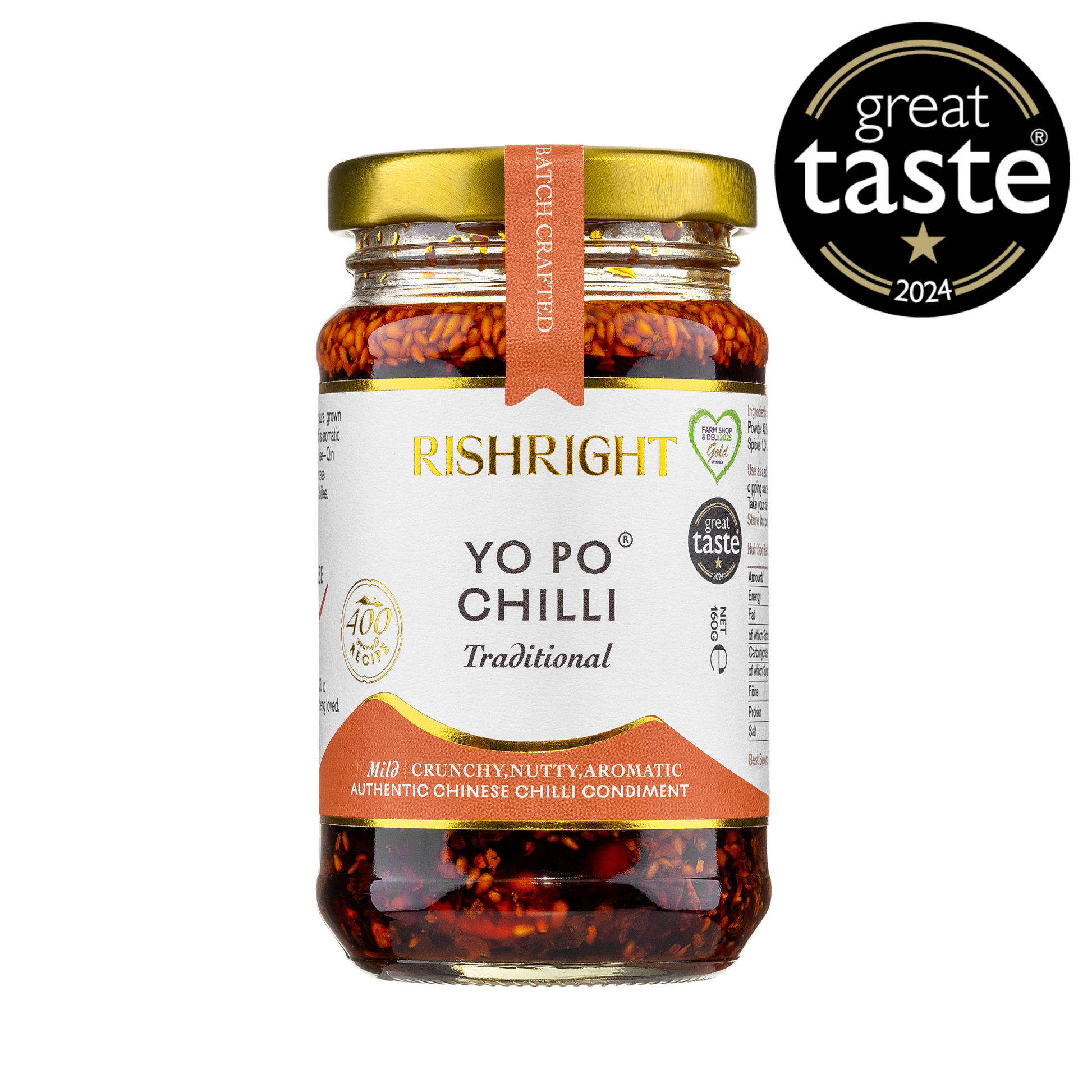 Jar of Rishright Yo Po Chilli with 'Great Taste' award logo on a white background