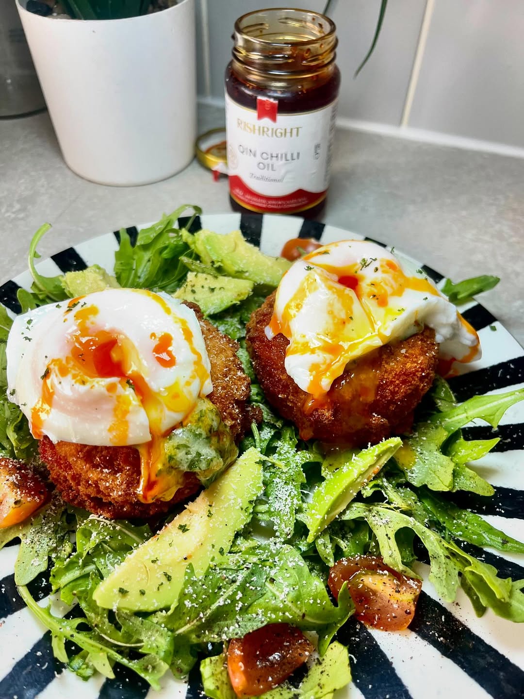 Cod Fishcakes with Poached Eggs & Chilli Oil